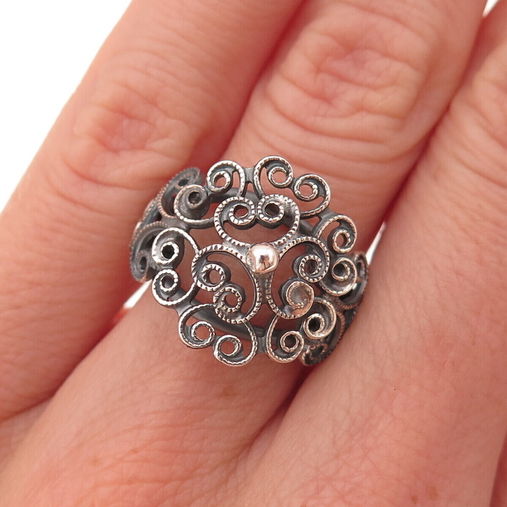 925 Sterling Silver Antique Art Deco Floral Filigree Adjustable Ring Size 5.75